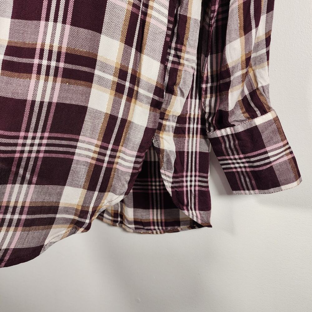 LOFT Womens Plaid Henley Popover Blouse Tunic Plum Purple Small Shimmer Relaxed - Picture 6 of 10